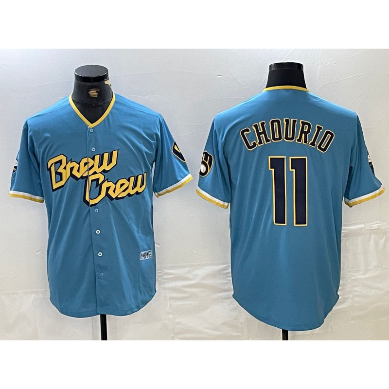 M.Brewers #11 Jackson Chourio Blue 2022 City Connect Cool Base Stitched Jersey