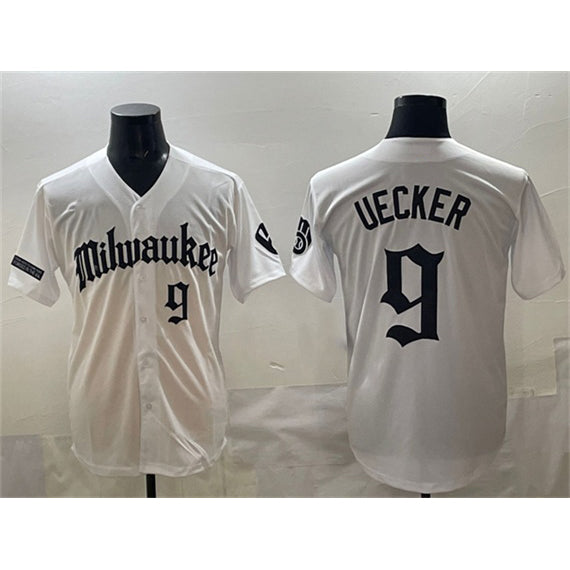 M.Brewers #9 Bob Uecker White 'Gothic 414 Shadows Edition' Vapor Premier Limited Stitched Jersey