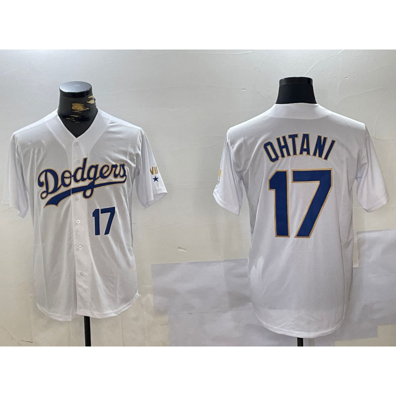 LA.Dodgers #17 Shohei Ohtani Number White Gold Championship Stitched Cool Base Jersey