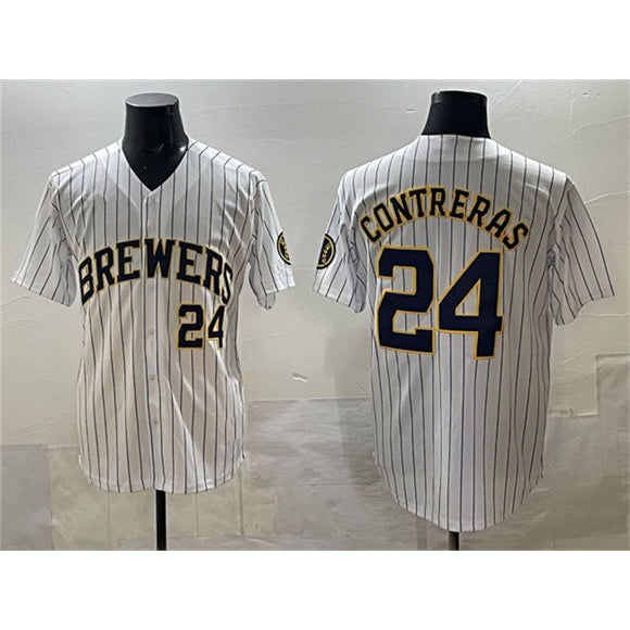 M.Brewers #24 William Contreras White Pinstripe 2025 With Patch Stitched Jersey