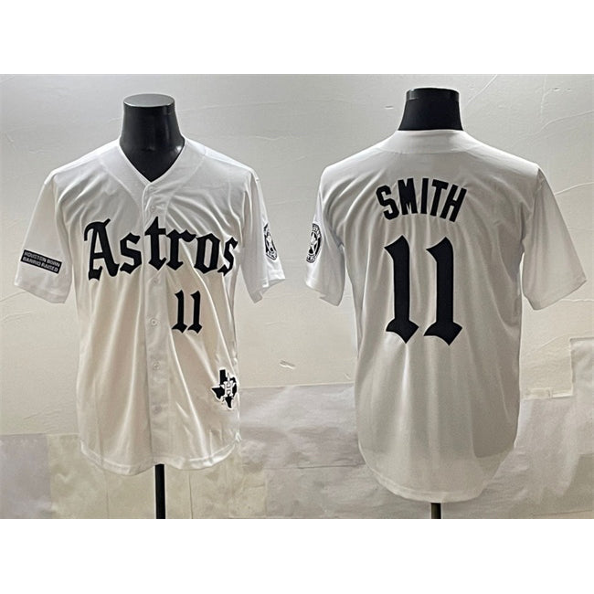 H.Astros #11 Cam Smith White Gothic Houston Born Barrio Raised Limited Stitched Jersey