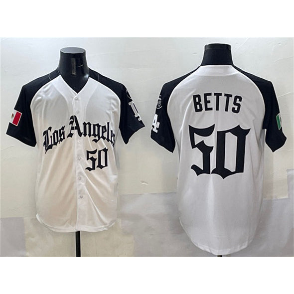 LA.Dodgers #50 Mookie Betts White Black Mexico 2025 LA Gothic Style With Fernando Patch Vapor Premier Limited Stitched Jersey