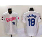 LA.Dodgers #18 Yoshinobu Yamamoto White Pink Vin & Kobe Patch Stitched 2 Stitched Jersey
