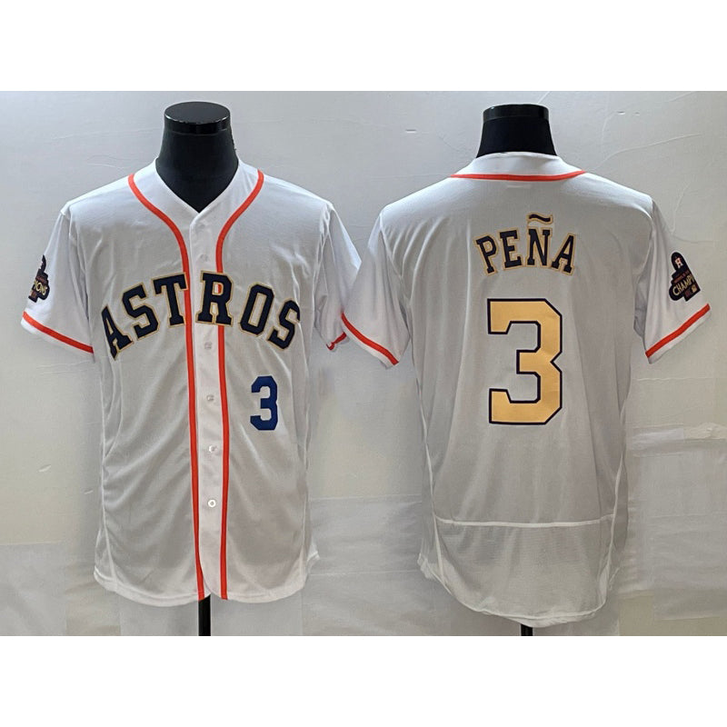 H.Astros #3 Jeremy Pena Number 2023 White Gold World Serise Champions Patch Flex Base 3 Stitched Jersey