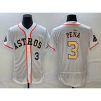 H.Astros #3 Jeremy Pena Number 2023 White Gold World Serise Champions Patch Flex Base 3 Stitched Jersey