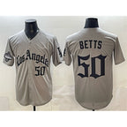 LA.Dodgers #50 Mookie Betts Grey LA Gothic Style With 2025 World Series Champions Patch Limited Stitched Jersey