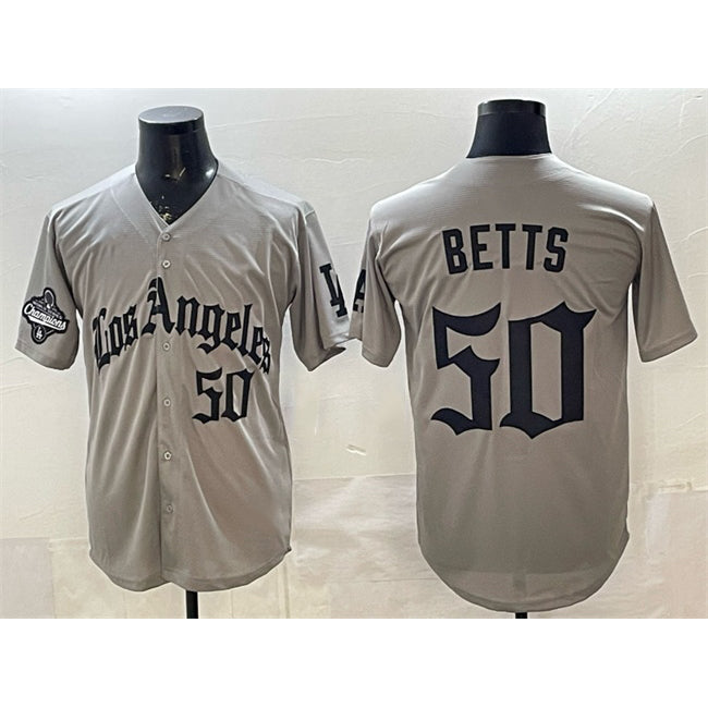 LA.Dodgers #50 Mookie Betts Grey LA Gothic Style With 2025 World Series Champions Patch Limited Stitched Jersey