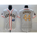 H.Astros #44 Yordan Alvarez Number 2023 White Gold World Serise CHmpions Patch Flex Base 3 Stitched Jersey