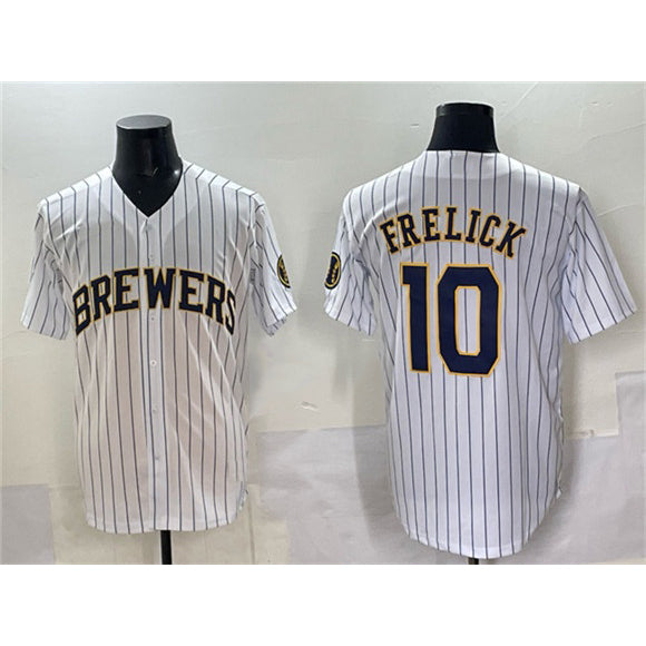 M.Brewers #10 Sal Frelick White Pinstripe 2025 With Patch Stitched Jersey