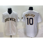 M.Brewers #10 Sal Frelick White Pinstripe 2025 With Patch Stitched Jersey