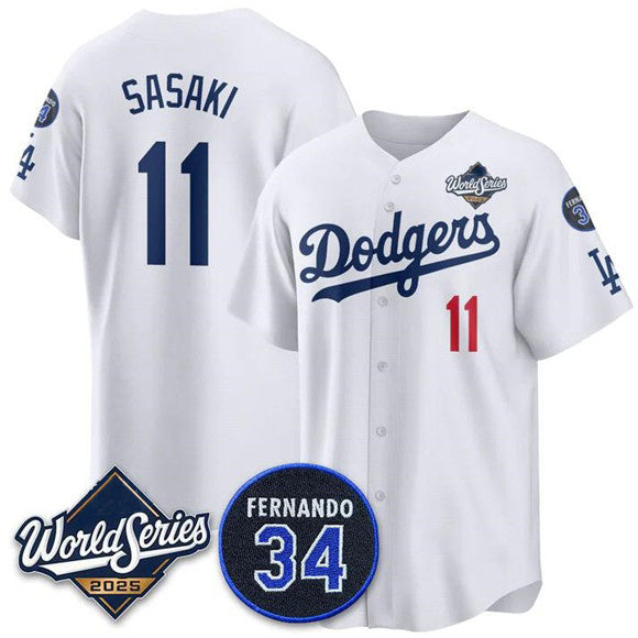 LA.Dodgers #10 Roki Sasaki White 2025 World Series With No.34 Patch Limited Stitched Jersey