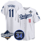 LA.Dodgers #10 Roki Sasaki White 2025 World Series With No.34 Patch Limited Stitched Jersey