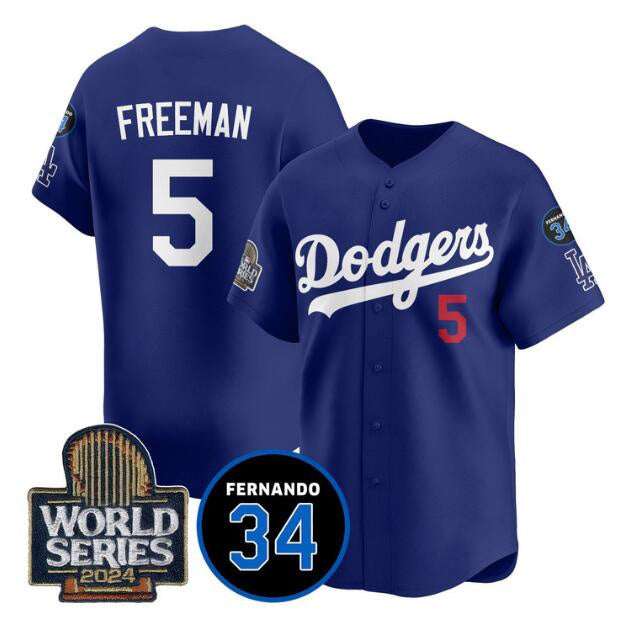 LA.Dodgers #5 Freddie Freeman Royal 2024 World Series With Fernando Memorial Patch Limited Stitched Jersey
