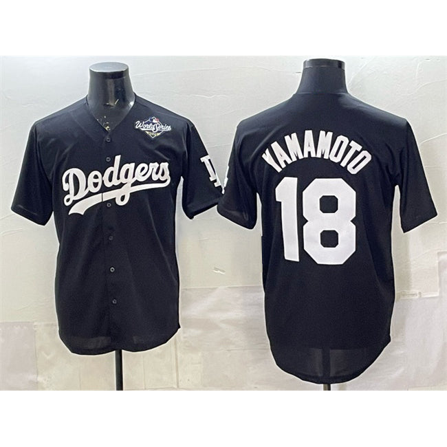 LA.Dodgers #18 Yoshinobu Yamamoto Black 2025 World Series Patch Cool Base Stitched Jersey