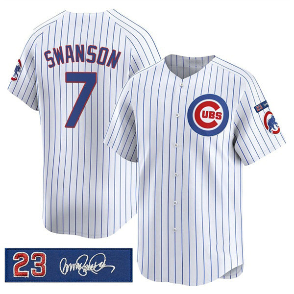 C.Cubs #7 Dansby Swanson White Pinstripe 'Ryne Sandberg Tribute' Vapor Limited V3 Stitched Jersey