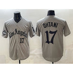 LA.Dodgers #17 Shohei Ohtani Gray LA Gothic Style With 2025 World Series Champions Patch Limited Stitched Jersey