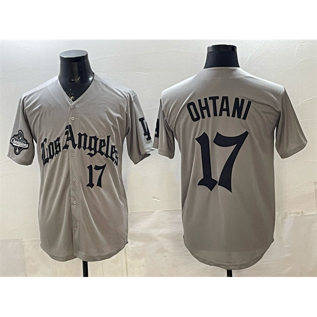 LA.Dodgers #17 Shohei Ohtani Gray LA Gothic Style With 2025 World Series Champions Patch Limited Stitched Jersey