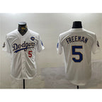 LA.Dodgers #5 Freddie Freeman White Gold 2024 World Series With No. 34 Patch Home Limited Stitched Jersey