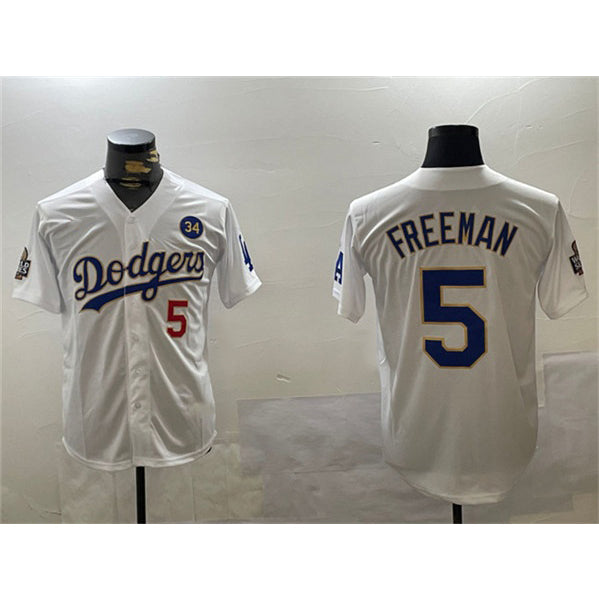 LA.Dodgers #5 Freddie Freeman White Gold 2024 World Series With No. 34 Patch Home Limited Stitched Jersey