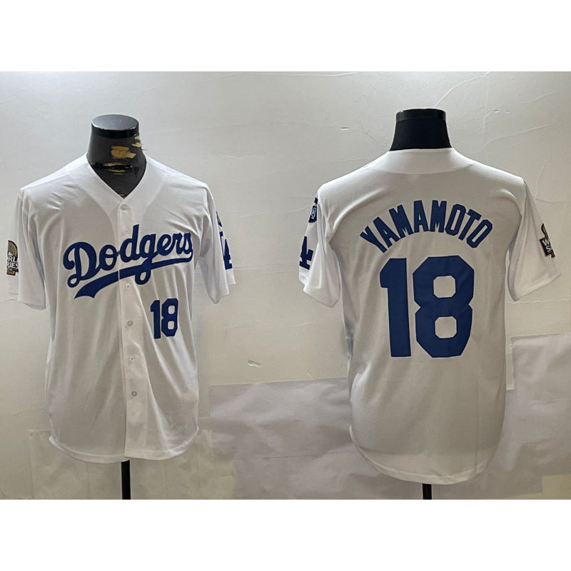 LA.Dodgers #18 Yoshinobu Yamamoto White 2024 World Series With Fernando Memorial Patch Home Limited 2 Stitched Jersey