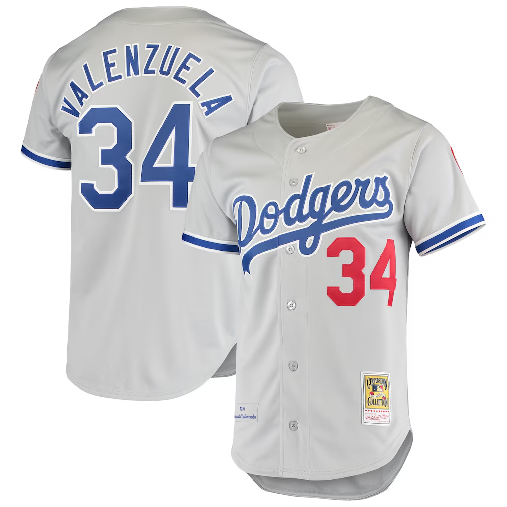 LA.Dodgers #34 Fernando Valenzuela Mitchell & Ness Gray Road 1981 Cooperstown Collection Authentic Jersey