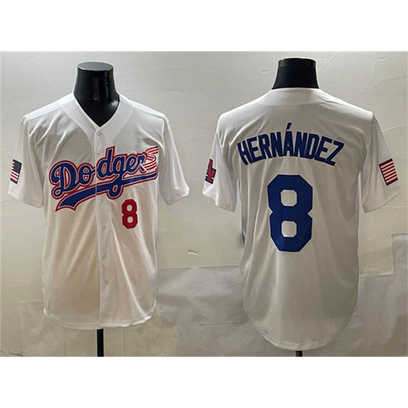 LA.Dodgers #8 Enrique Hernandez White With American Flag Patch Limited Stitched Jersey