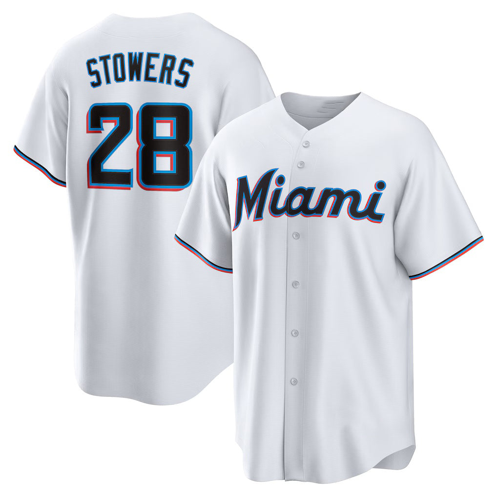 M.Marlins #28 Kyle Stowers White Home Replica Jersey