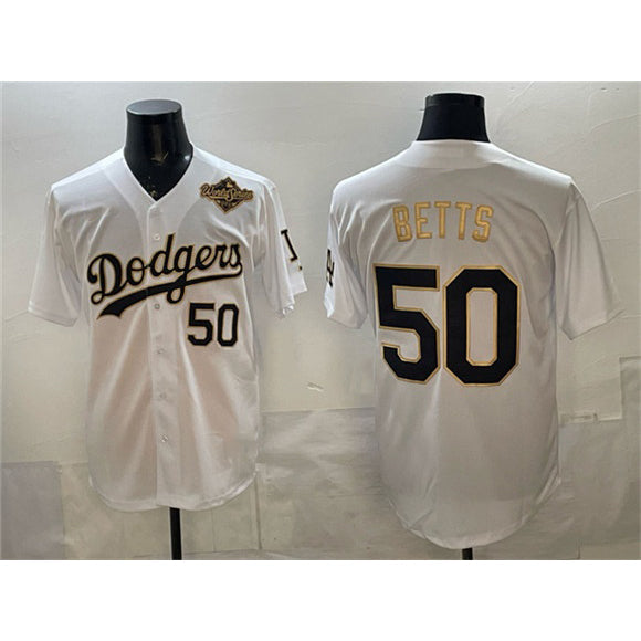 LA.Dodgers #50 Mookie Betts White Gold 2025 World Series Patch Limited Stitched Jersey