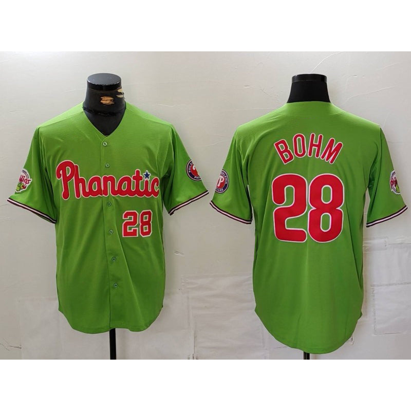 P.Phillies #28 Alec Bohm Number Green With Patch Stitched Cool Base Jersey