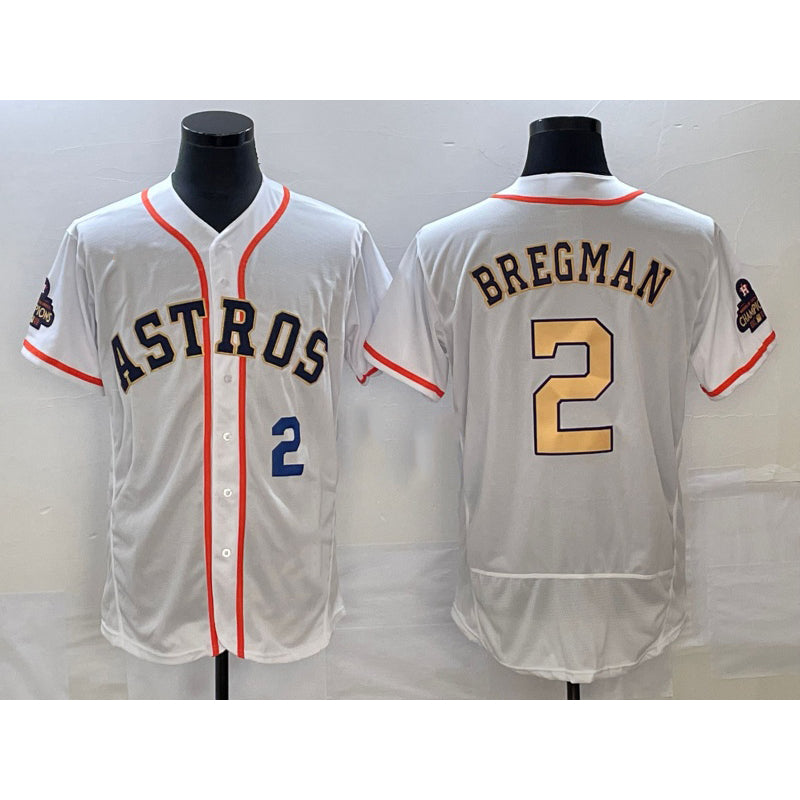H.Astros #2 Alex Bregman Number 2023 White Gold World Serise Champions Patch Flex Base 3 Stitched Jersey