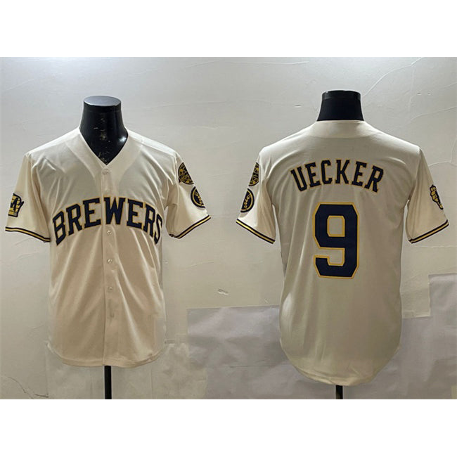 M.Brewers #9 Bob Uecker Cream With Home Patch Stitched Jersey