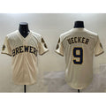 M.Brewers #9 Bob Uecker Cream With Home Patch Stitched Jersey