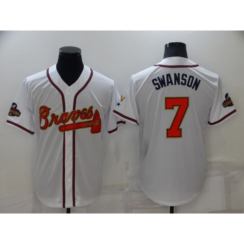 A.Braves #7 Dansby Swanson 2022 White Gold World Series Champions Program Cool Base Stitched Jersey