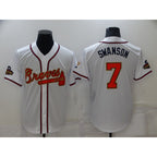 A.Braves #7 Dansby Swanson 2022 White Gold World Series Champions Program Cool Base Stitched Jersey