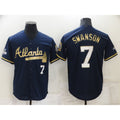 A.Braves #7 Dansby Swanson Navy Blue 2021 World Series Champions Golden Edition Stitched Cool Base Jersey