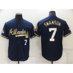 A.Braves #7 Dansby Swanson Navy Blue 2021 World Series Champions Golden Edition Stitched Cool Base Jersey