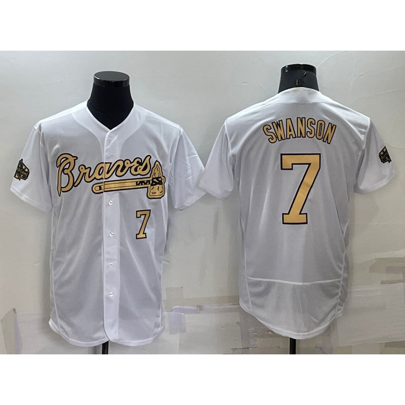 A.Braves #7 Dansby Swanson White Number 2022 All Star Stitched Flex Base Jersey