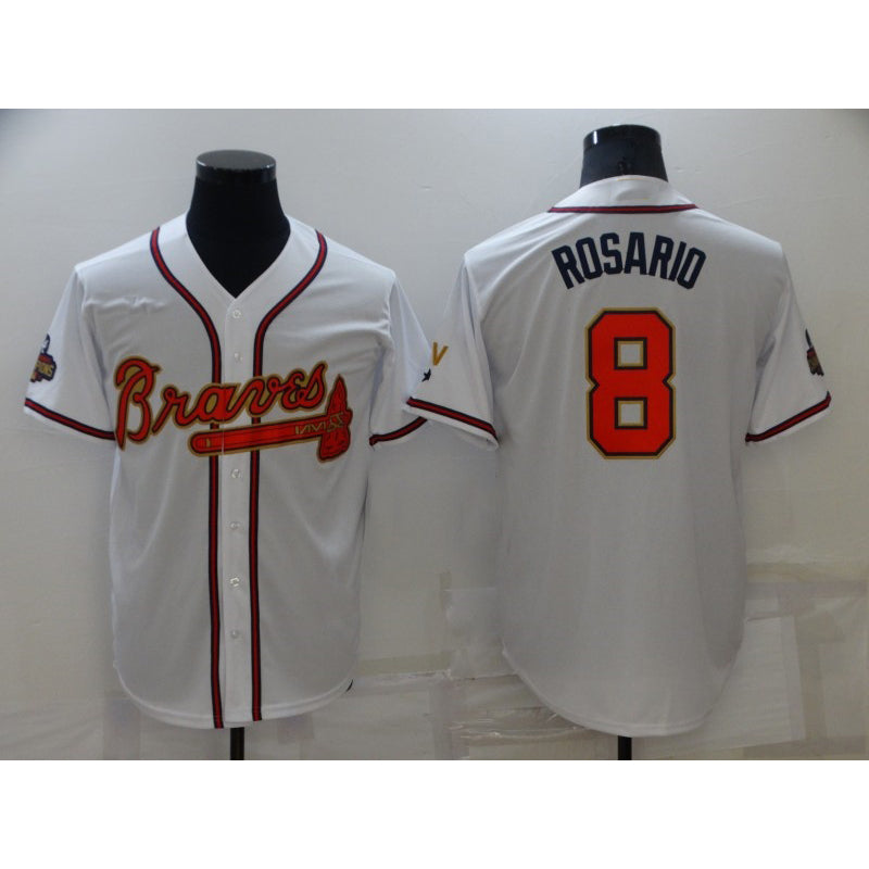 A.Braves #8 Eddie Rosario 2022 White Gold World Series Champions Program Cool Base Stitched Jersey