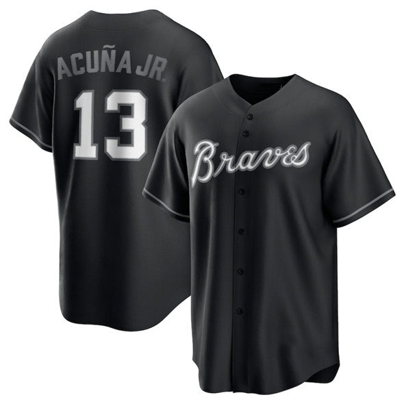 A.Braves #13 Ronald Acuna Jr.. Black Lights Out Limited Stitched Jersey