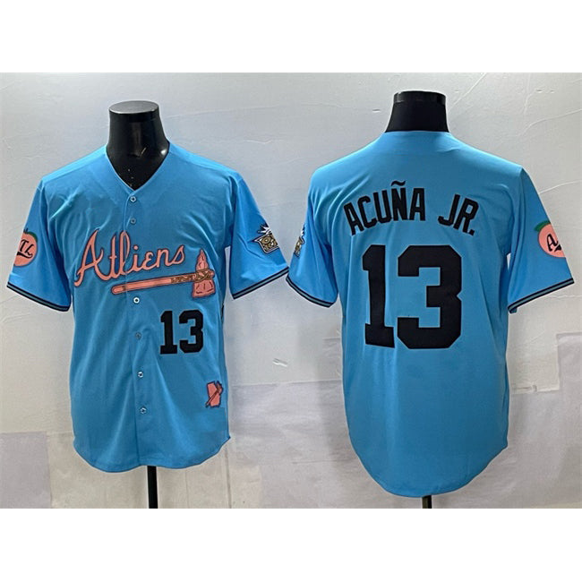 A.Braves #13 Ronald Acuna Jr.. Blue 2024 Atliens & Peach With Outkast Patch Vapor Limited Stitched Jersey