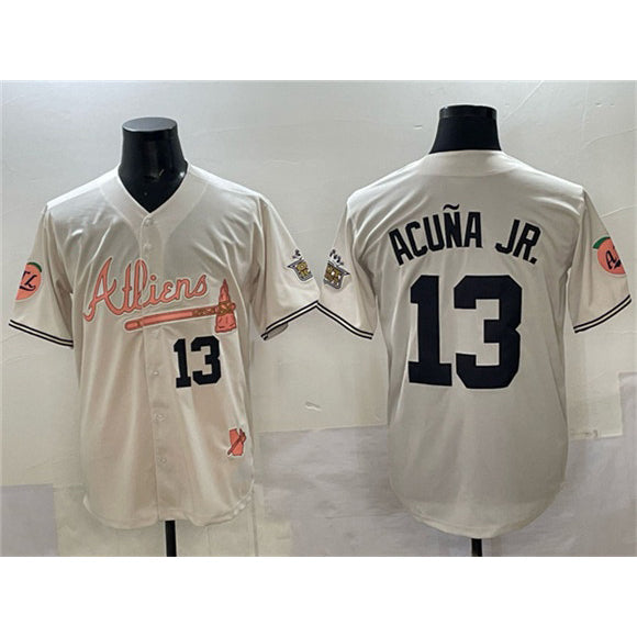 A.Braves #13 Ronald Acuna Jr.. Cream 2024 Atliens & Peach With Outkast Patch Vapor Limited Stitched Jersey
