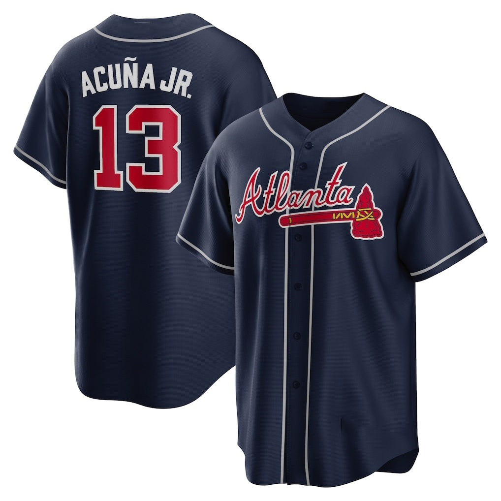 A.Braves #13 Ronald Acuna Jr.. Navy Alternate Replica Player Name Jersey
