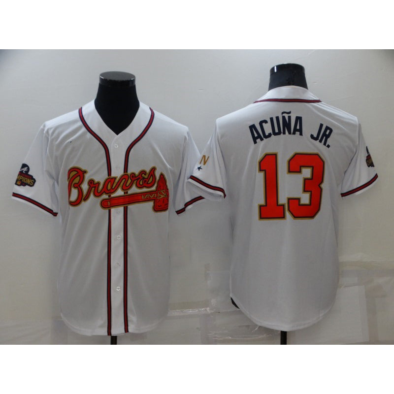 A.Braves #13 Ronald Acuna Jr. 2022 White Gold World Series Champions Program Cool Base Stitched Jersey