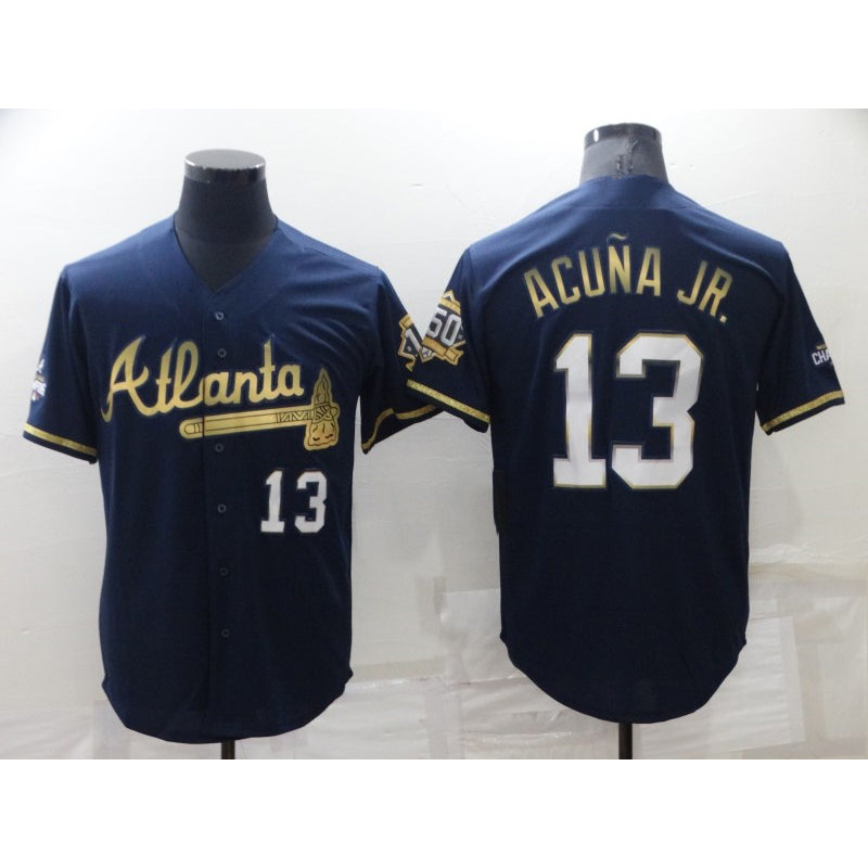 A.Braves #13 Ronald Acuna Jr. Navy Blue 2021 World Series Champions Golden Edition Stitched Cool Base Jersey