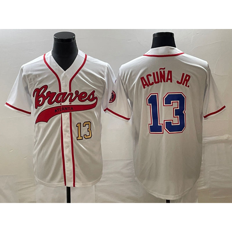 A.Braves #13 Ronald Acuna Jr. Number White Cool Base With Patch Stitched Jersey
