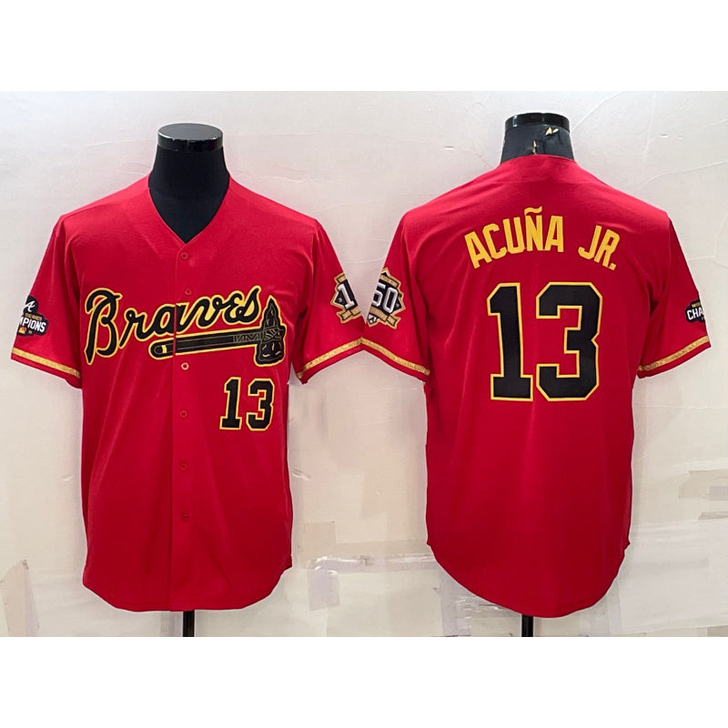 A.Braves #13 Ronald Acuna Jr. Red Gold World Series Champions Program Cool Base Stitched Jersey