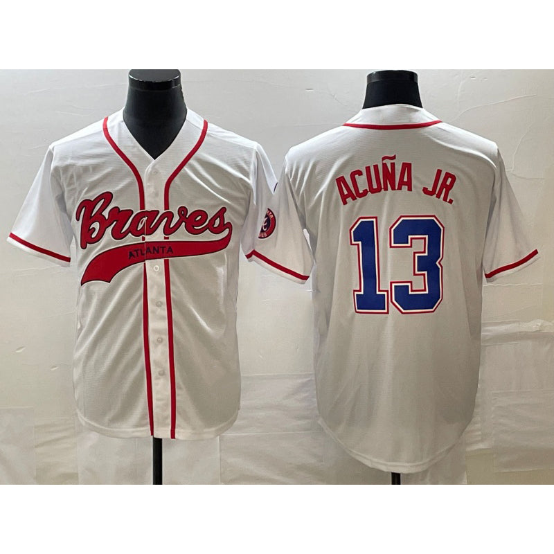 A.Braves #13 Ronald Acuna Jr. White Cool Base With Patch Stitched Jersey