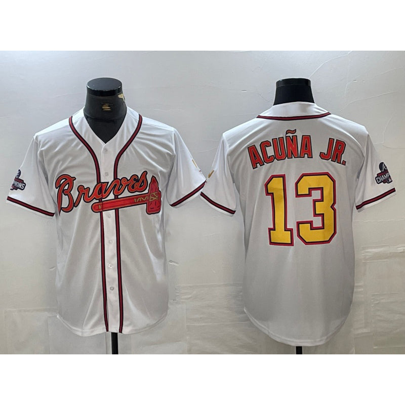 A.Braves #13 Ronald Acuna Jr. White Gold 2021 World Series Champions Stitched Cool Base Jersey