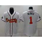 A.Braves #1 Ozzie Albies 2022 White Gold World Series Champions Program Cool Base Stitched Jersey