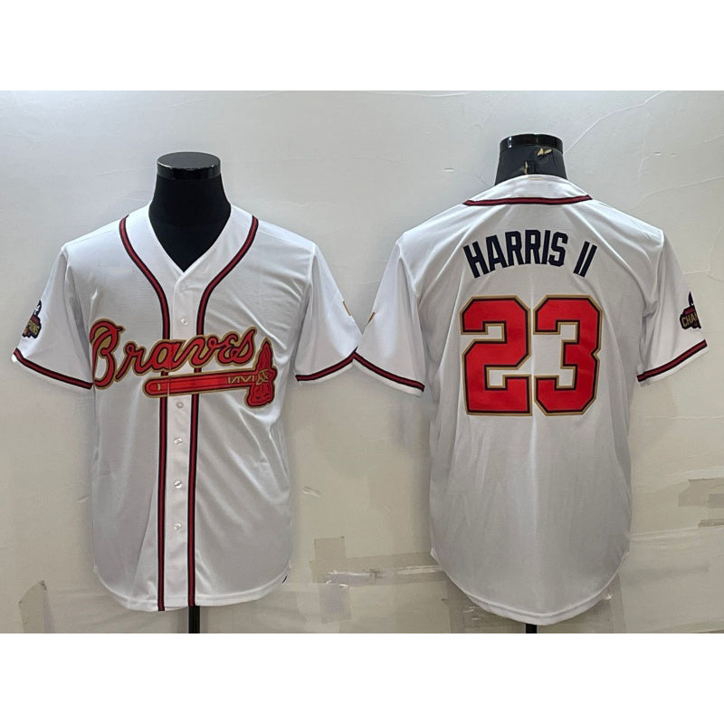A.Braves #23 Michael Harris II White Gold World Series Champions Program Cool Base Stitched Jersey